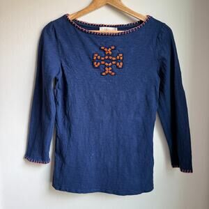 Tory Burch Embroidered Cotton Top Blue Orange Embellishment Sz S